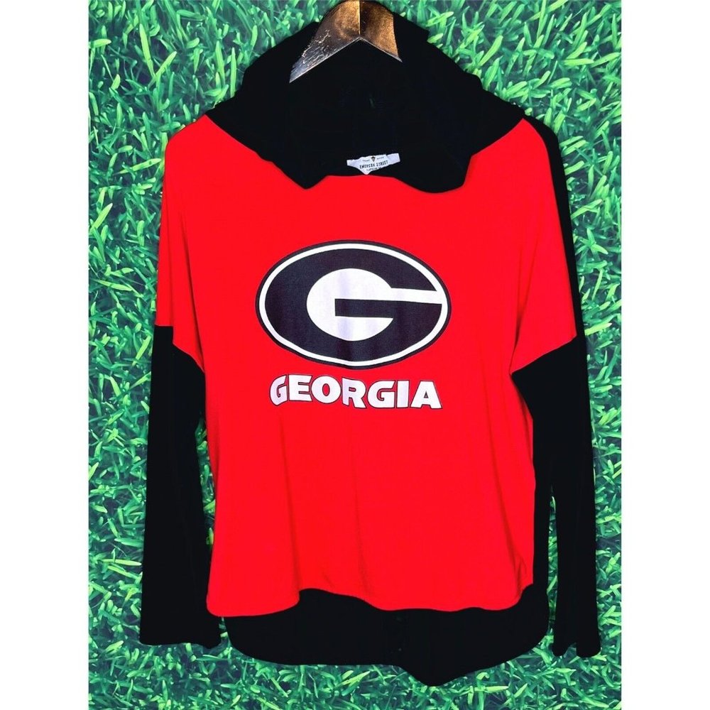 Georgia Bulldogs UGA Dawgs Long Sleeve Hoodie Shirt Women’s Large Red Black